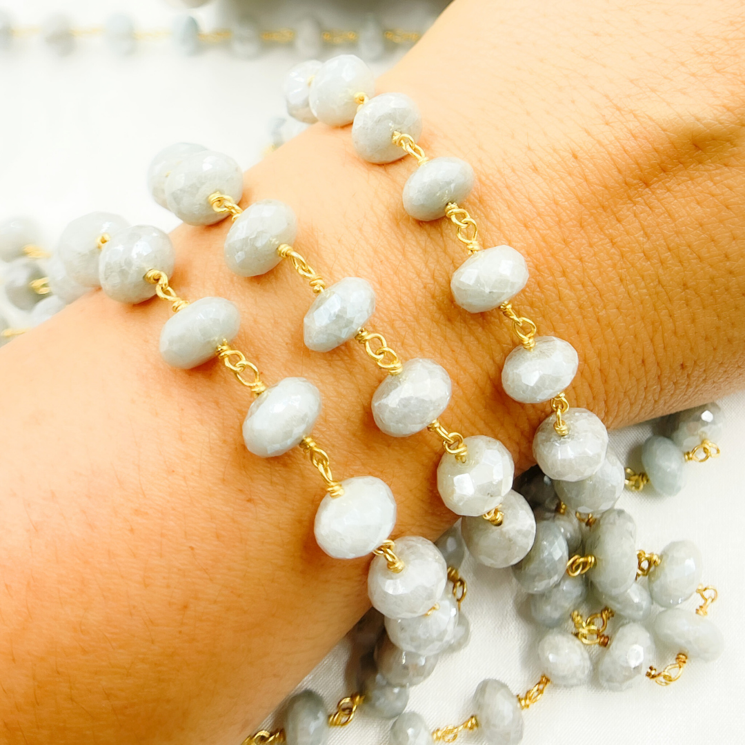 Coated Milky Aquamarine Faceted Rondel Gold Plated Wire Chain. AQU20