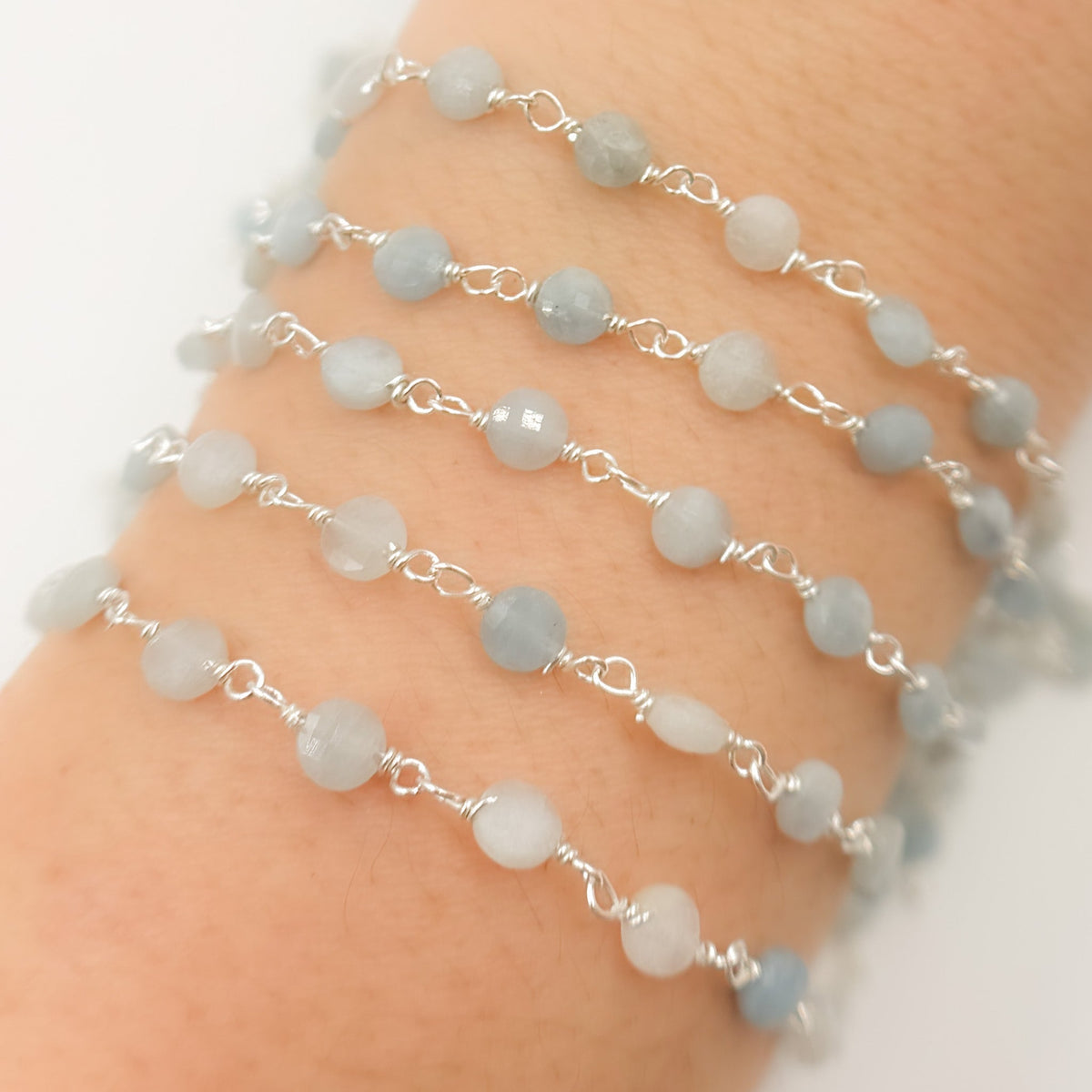 AQU31. Shaded Milky Aquamarine Coin Shape Sterling Silver Wire Chain