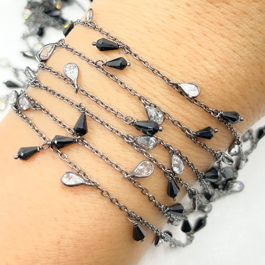 Black Spinel Drop & CZ Pear Shape Dangle Oxidized Wire Chain. BSP39