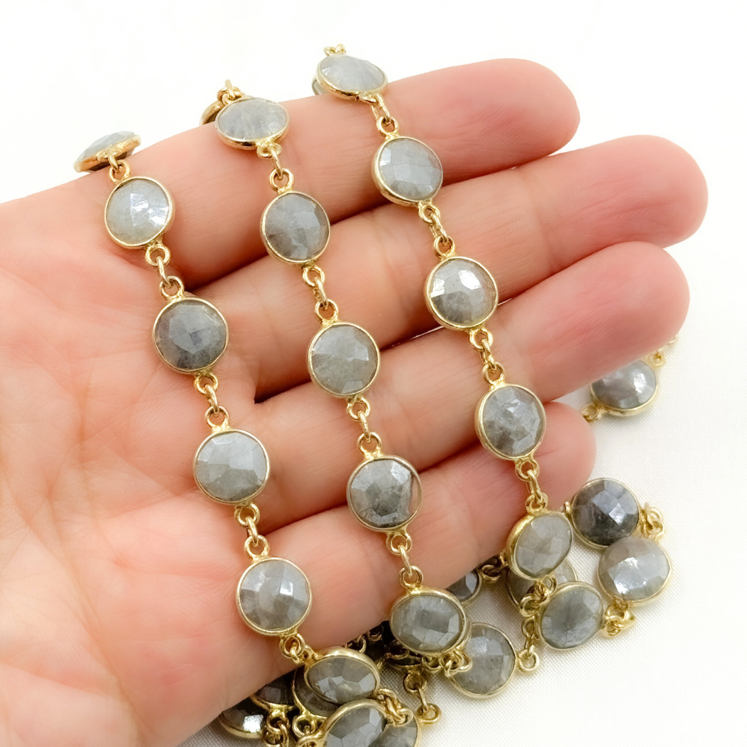 Coated Milky Aquamarine Round Shape Bezel Gold Plated Wire Chain. AQU9