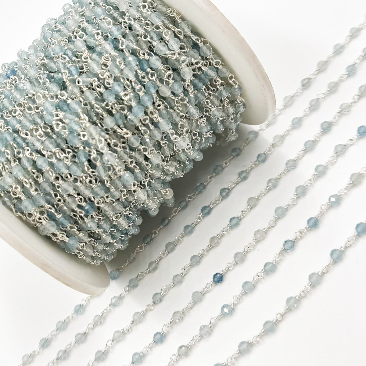 AQU29. Shaded Milky Aquamarine Sterling Silver Wire Chain