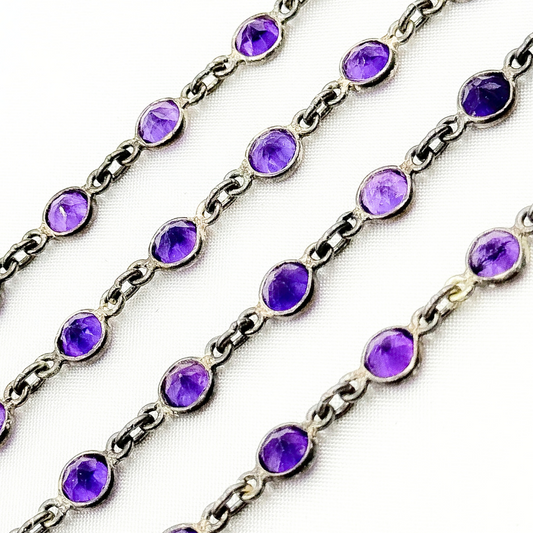 Amethyst Round Shape Bezel Oxidized Wire Chain. AME7