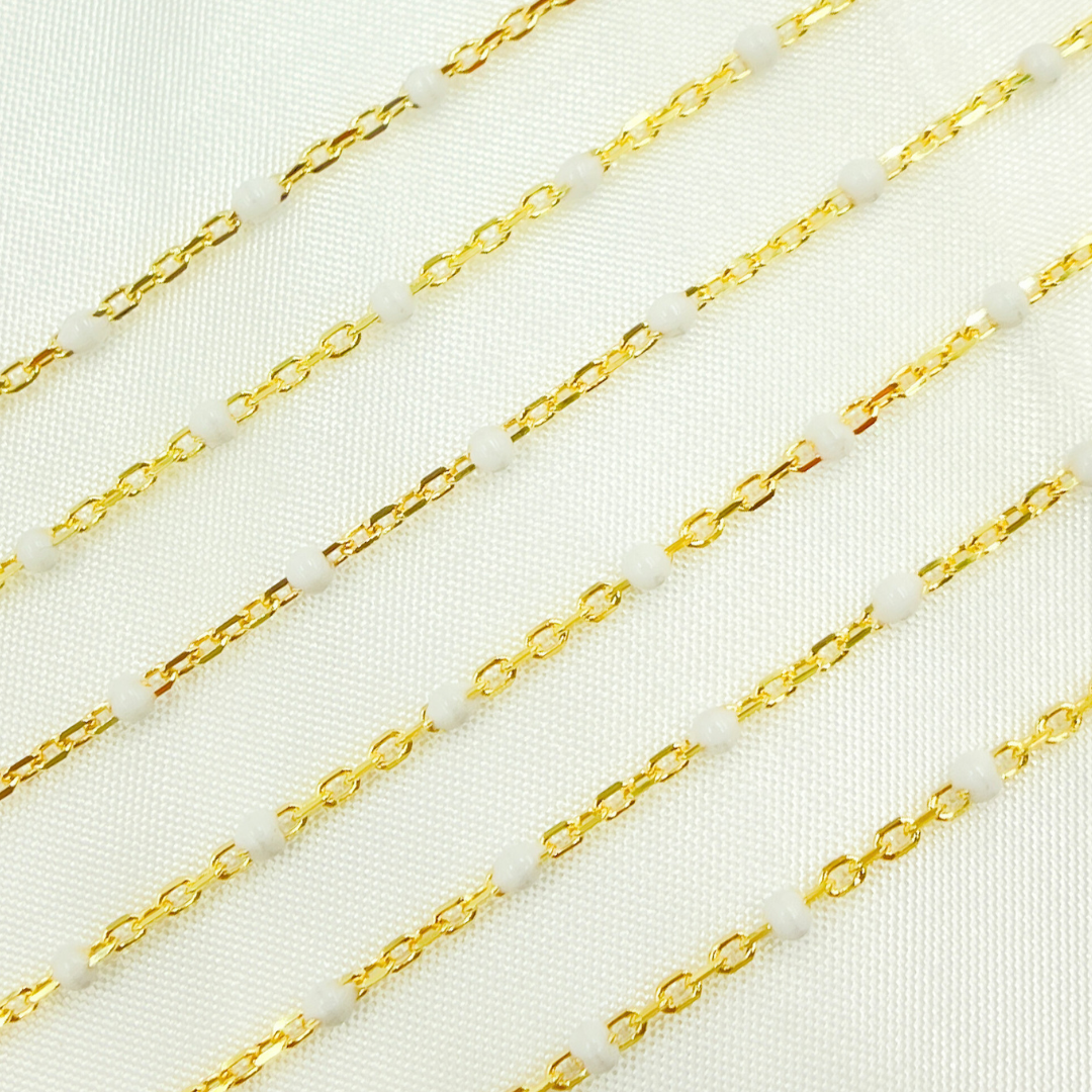 V203WTGP. Gold Plated Sterling Silver Enamel White Color Cable Chain