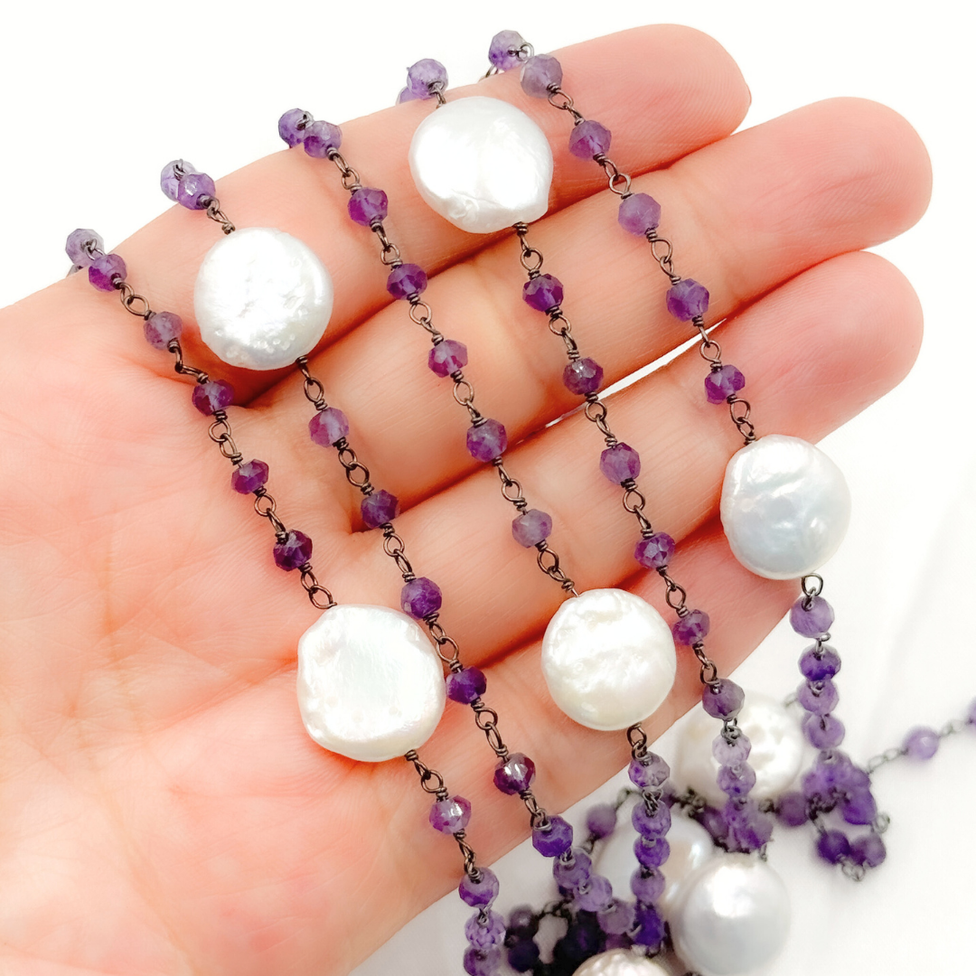 Amethyst & Pearl Round Shape Bezel Oxidized Wire Chain. AME33