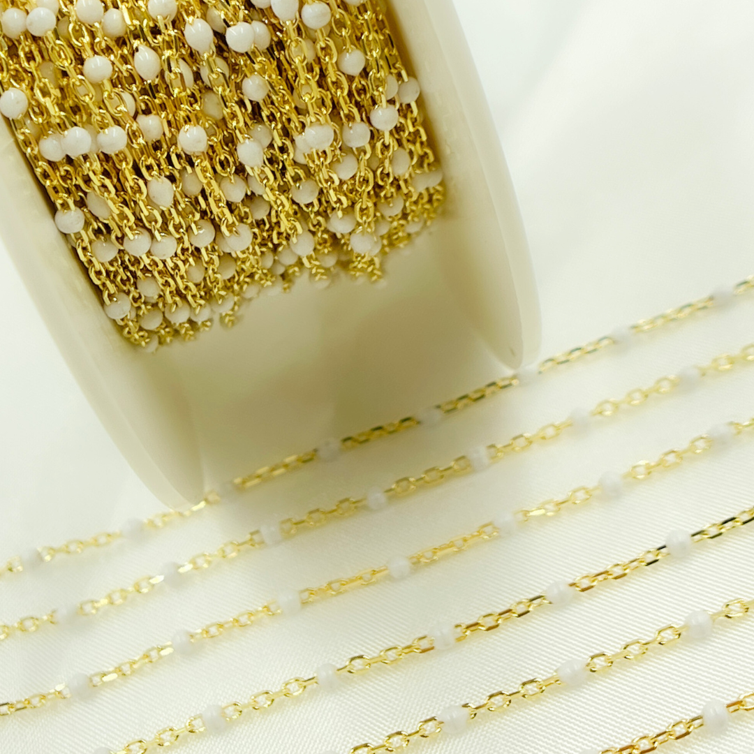 V203WTGP. Gold Plated Sterling Silver Enamel White Color Cable Chain
