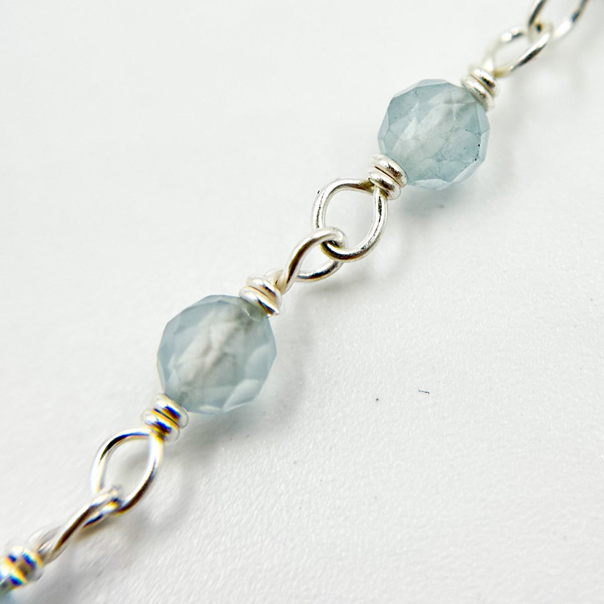 AQU29. Shaded Milky Aquamarine Sterling Silver Wire Chain