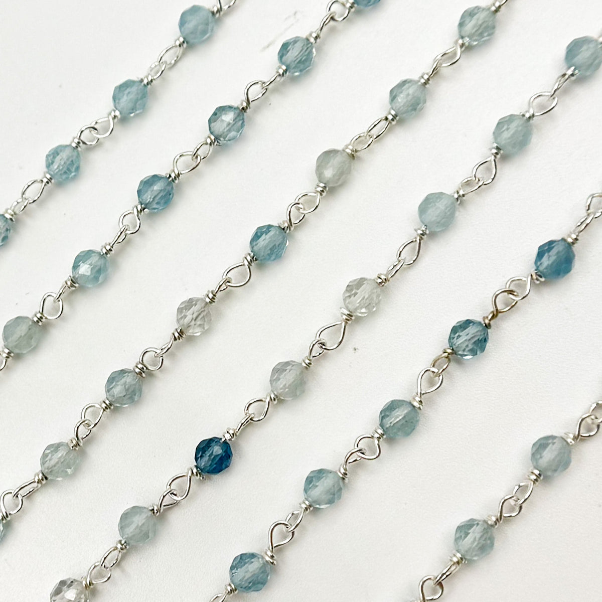 AQU29. Shaded Milky Aquamarine Sterling Silver Wire Chain