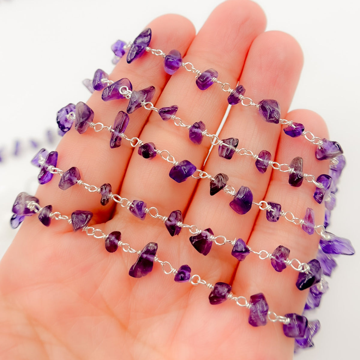 AME35. Amethyst Organic Shape Sterling Silver Wire Chain