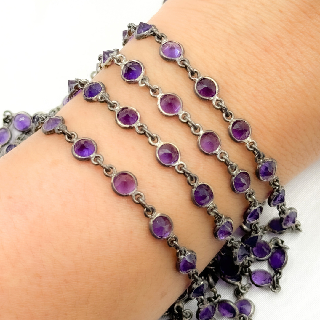 Amethyst Round Shape Bezel Oxidized Wire Chain. AME7