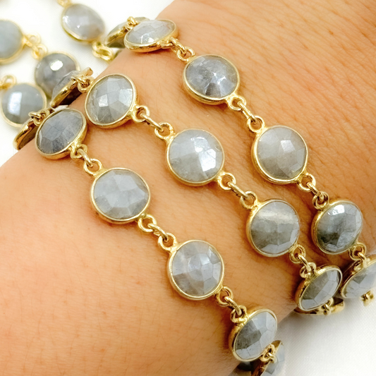 Coated Milky Aquamarine Round Shape Bezel Gold Plated Wire Chain. AQU9