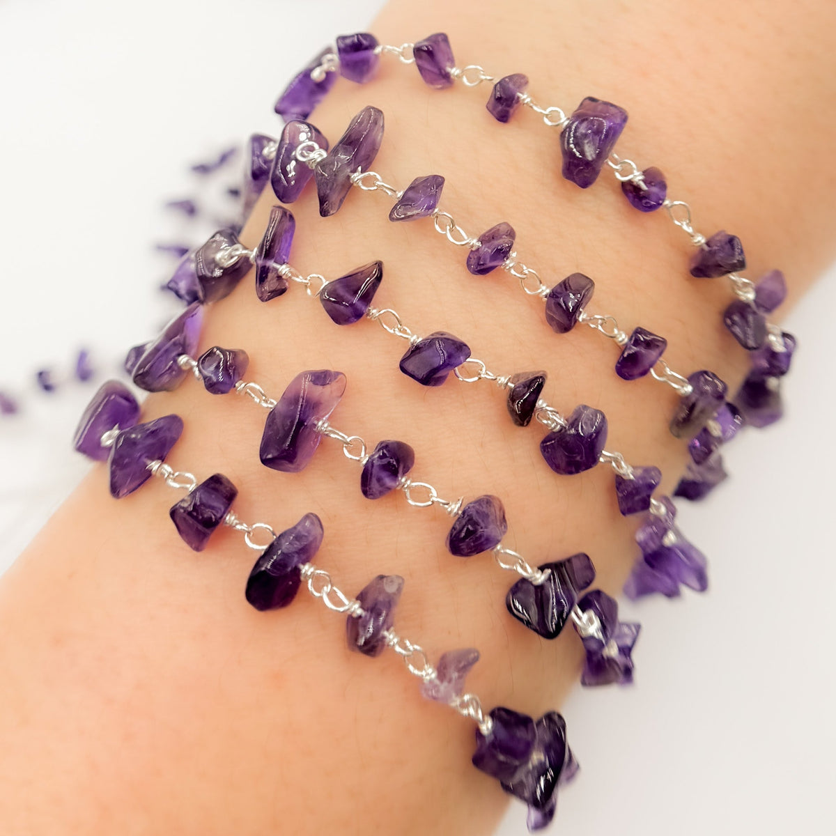 AME35. Amethyst Organic Shape Sterling Silver Wire Chain