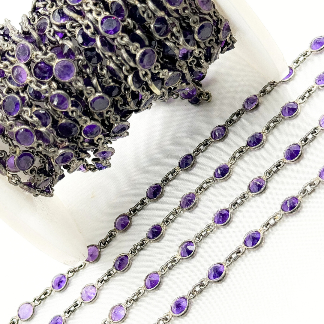 Amethyst Round Shape Bezel Oxidized Wire Chain. AME7