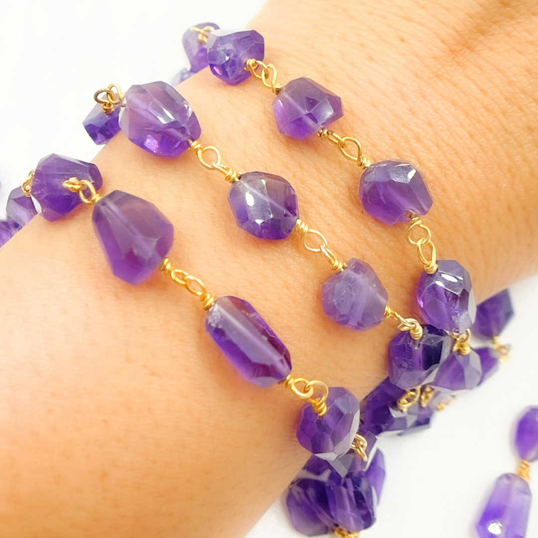 Amethyst Organic Shape Gold Plated Wire Chain.  AME29