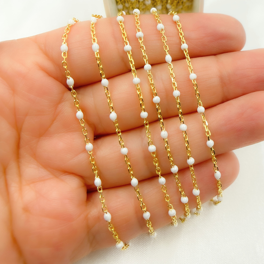 V203WTGP. Gold Plated Sterling Silver Enamel White Color Cable Chain