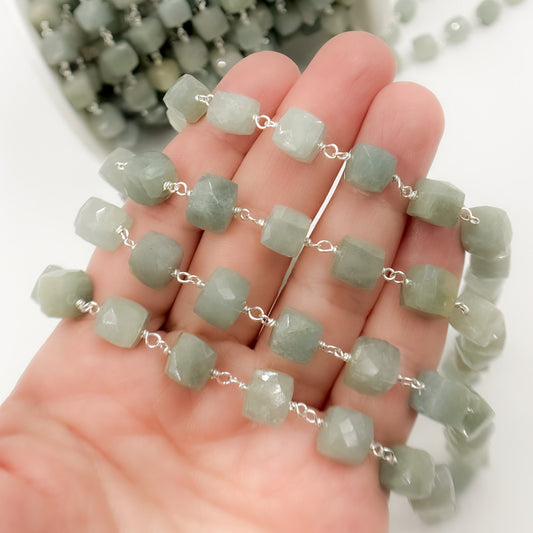 AQU33. Milky Aquamarine Cube Faceted Sterling Silver Wire Chain