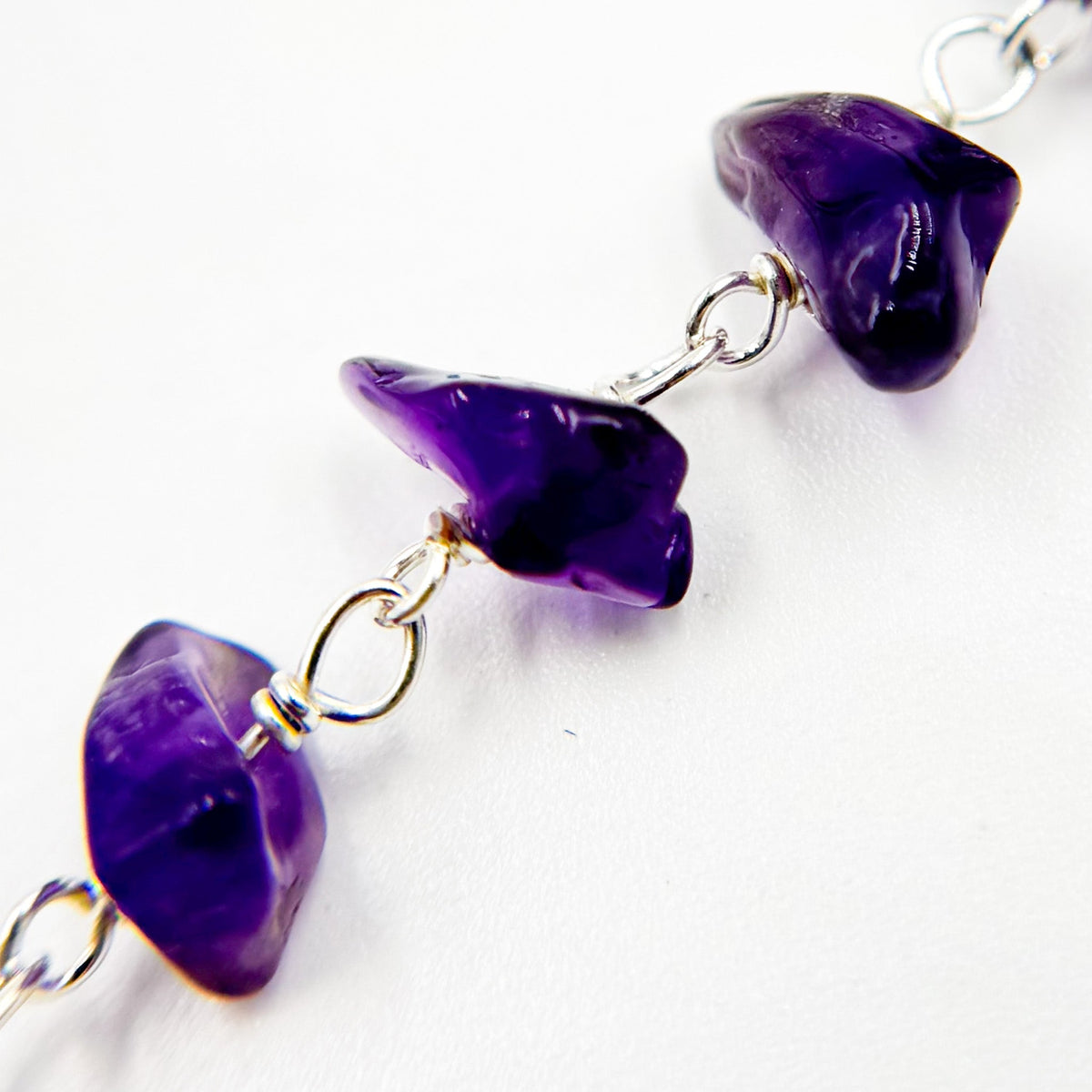 AME35. Amethyst Organic Shape Sterling Silver Wire Chain