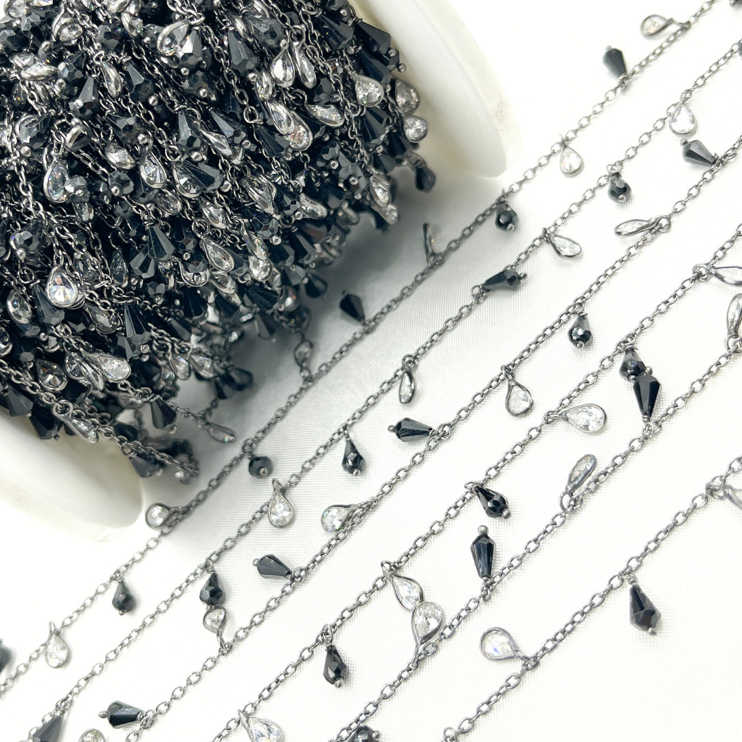 Black Spinel Drop & CZ Pear Shape Dangle Oxidized Wire Chain. BSP39