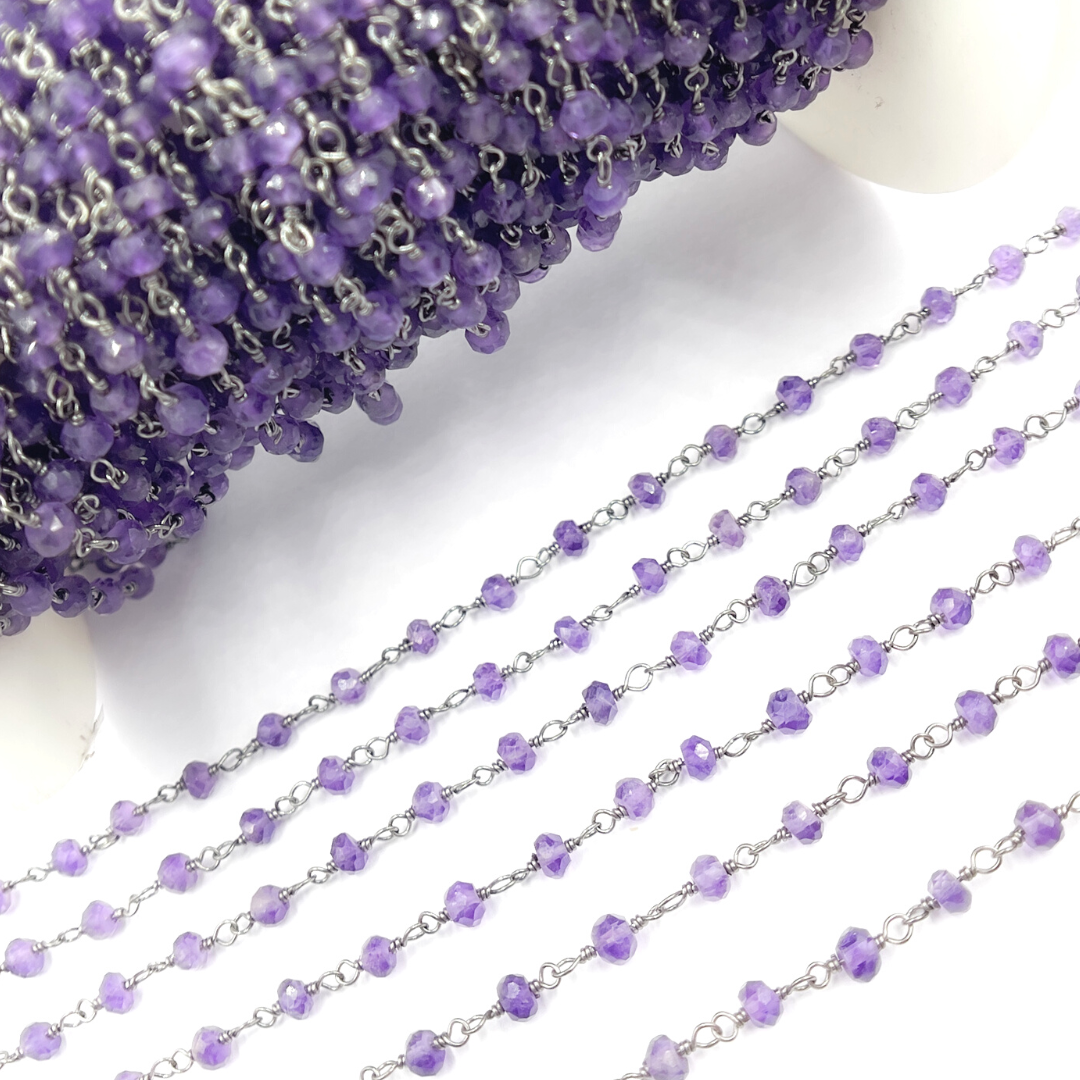 Amethyst Gemstone Oxidized 925 Sterling Silver Wire Chain. AME8