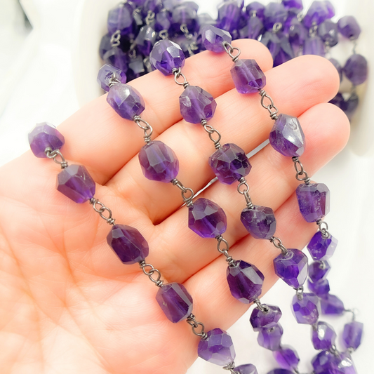 Amethyst Organic Shape Oxidized Wire Chain. AME25