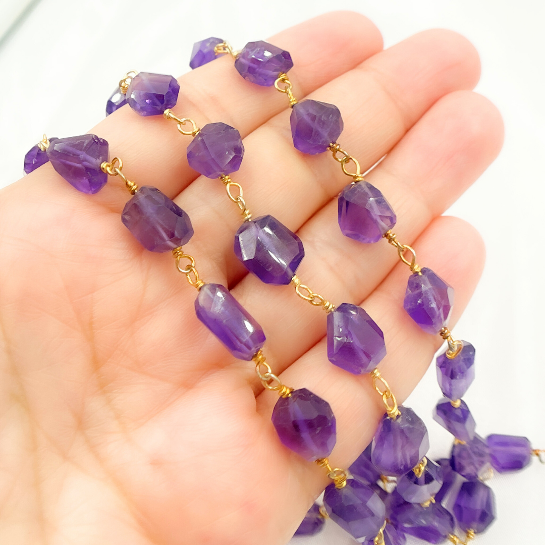 Amethyst Organic Shape Gold Plated Wire Chain.  AME29