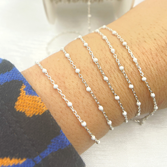 V203WTSS. Sterling Silver White Color Enamel Chain