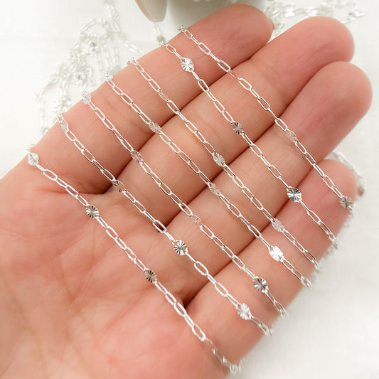 V241SS. Sterling Silver Smooth Paperclip and Diamond Cut Marina Link Chain