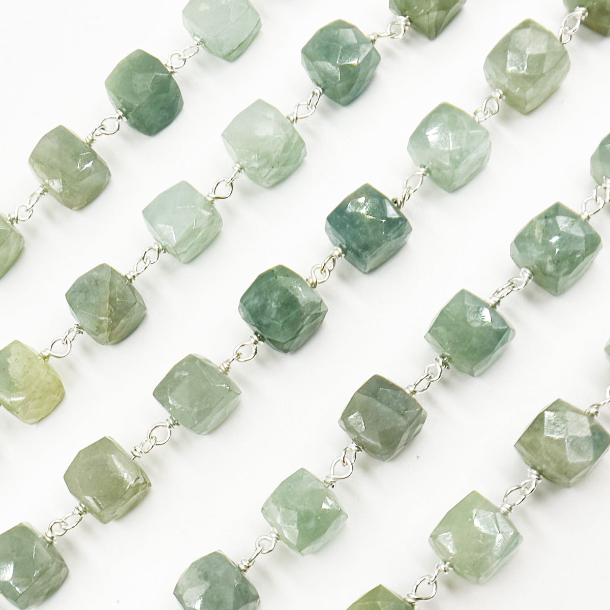 AQU33. Milky Aquamarine Cube Faceted Sterling Silver Wire Chain