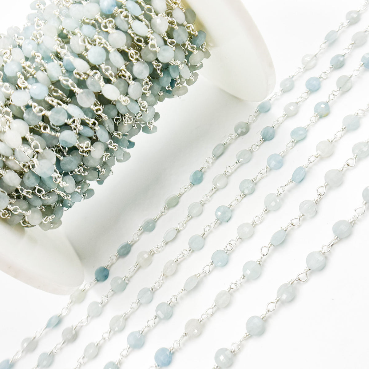 AQU31. Shaded Milky Aquamarine Coin Shape Sterling Silver Wire Chain