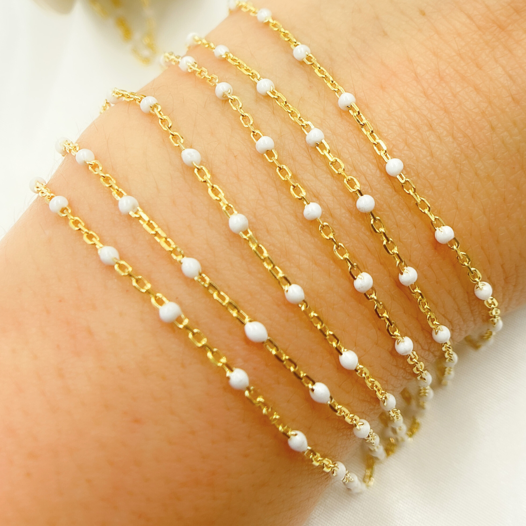 V203WTGP. Gold Plated Sterling Silver Enamel White Color Cable Chain