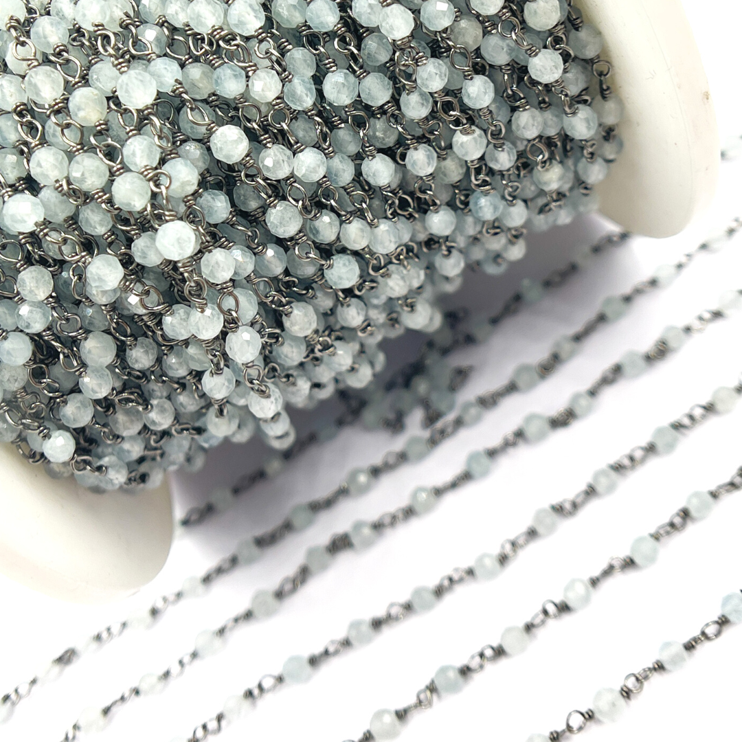 Aqua Blue gemstone Oxidized 925 Sterling Silver Wire Chain. AQU2