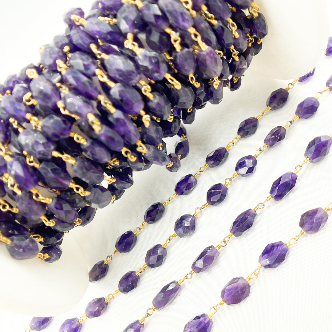 Amethyst Oval Faceted Shape Gold Plated Wire Chain. AME15