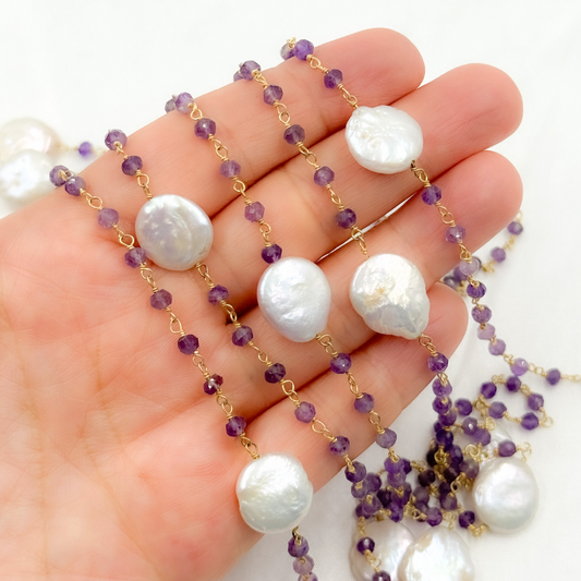 Amethyst & Pearl Round Shape Bezel Gold Plated Wire Chain. AME32