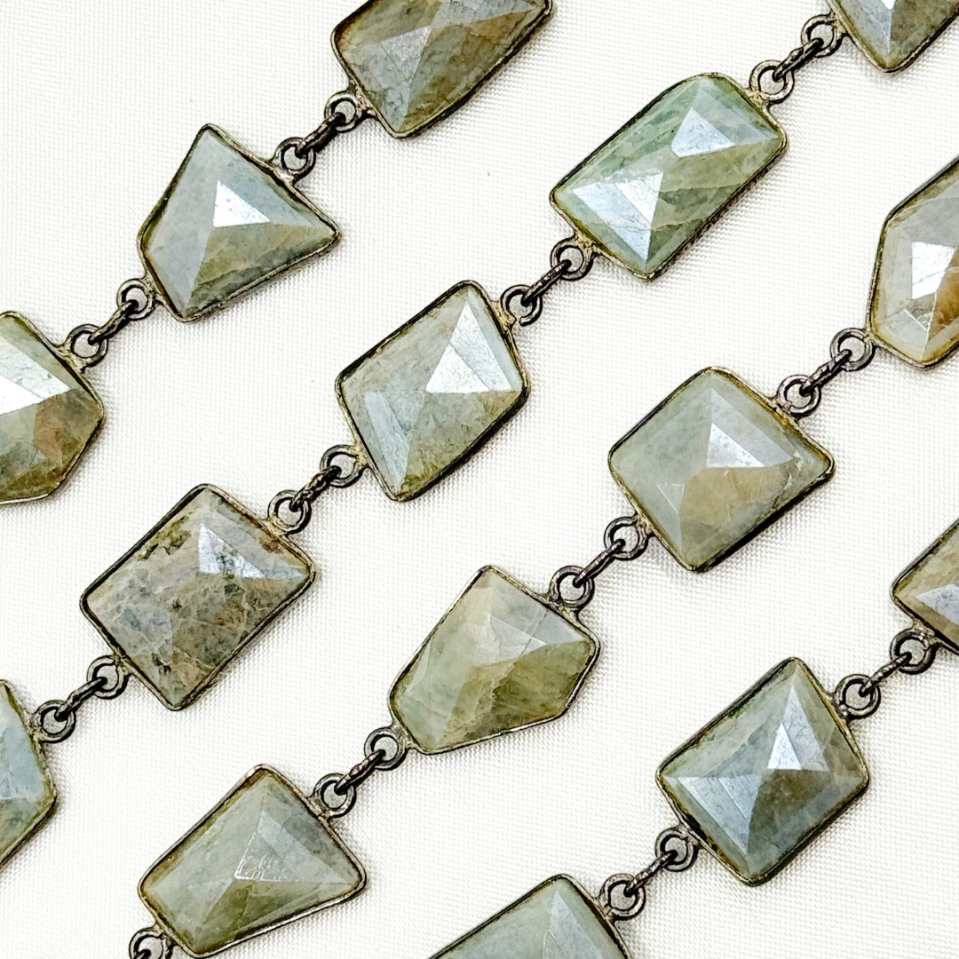 Coated Milky Aquamarine Organic Shape Bezel Oxidized Wire Chain. AQU7