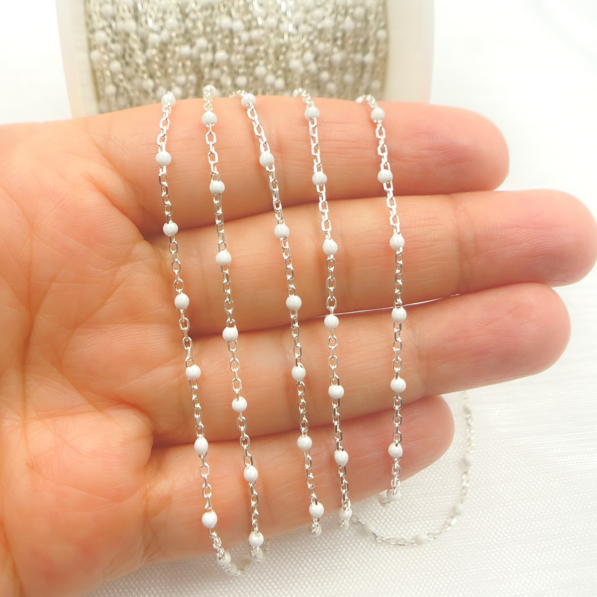 V203WTSS. Sterling Silver White Color Enamel Chain