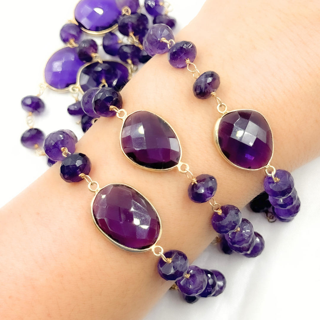 Amethyst Gold Plated 925 Sterling Silver Bezel Wire Chain. AME31