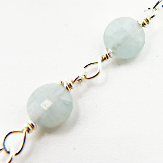 AQU31. Shaded Milky Aquamarine Coin Shape Sterling Silver Wire Chain