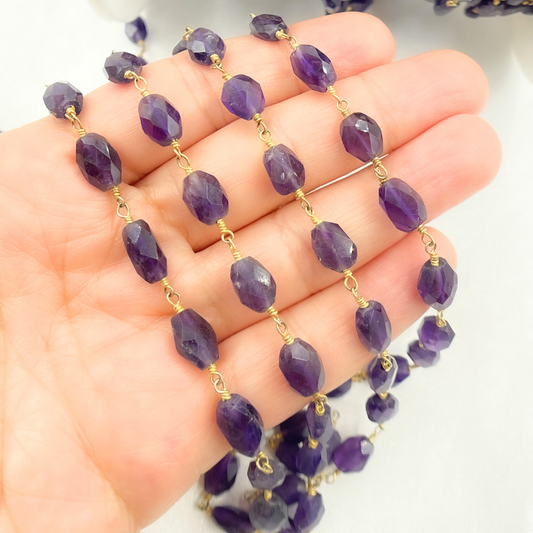 Amethyst Oval Faceted Shape Gold Plated Wire Chain. AME15