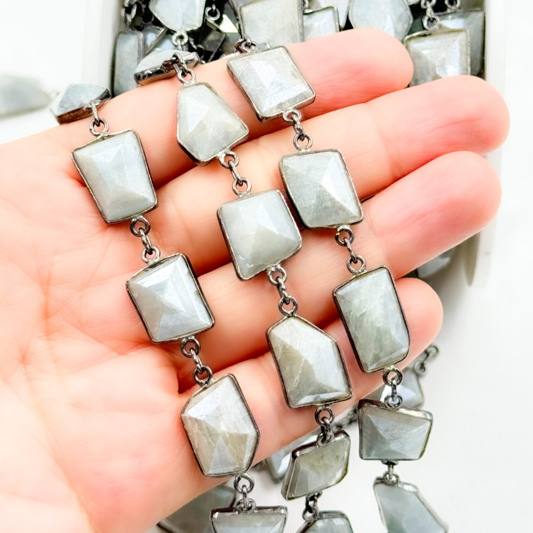 Coated Milky Aquamarine Organic Shape Bezel Oxidized Wire Chain. AQU7