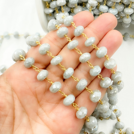 Coated Milky Aquamarine Faceted Rondel Gold Plated Wire Chain. AQU20