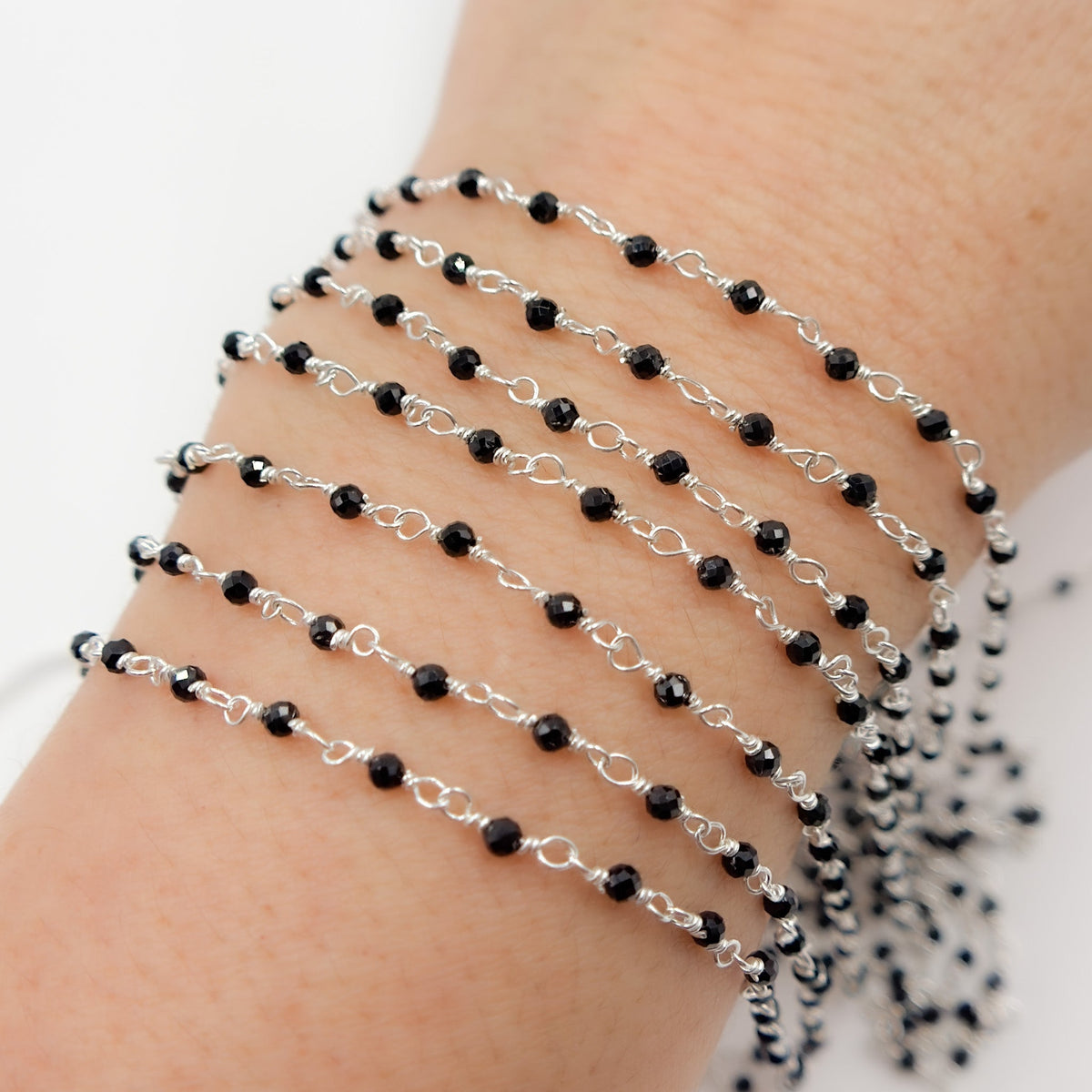 BSP24SS. Black Spinel 925 Sterling Silver Wire Wrap Chain
