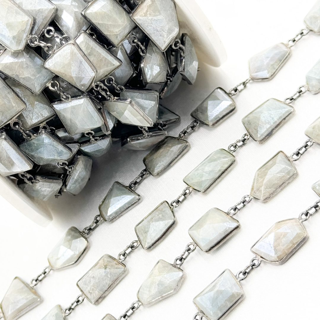 Coated Milky Aquamarine Organic Shape Bezel Oxidized Wire Chain. AQU7