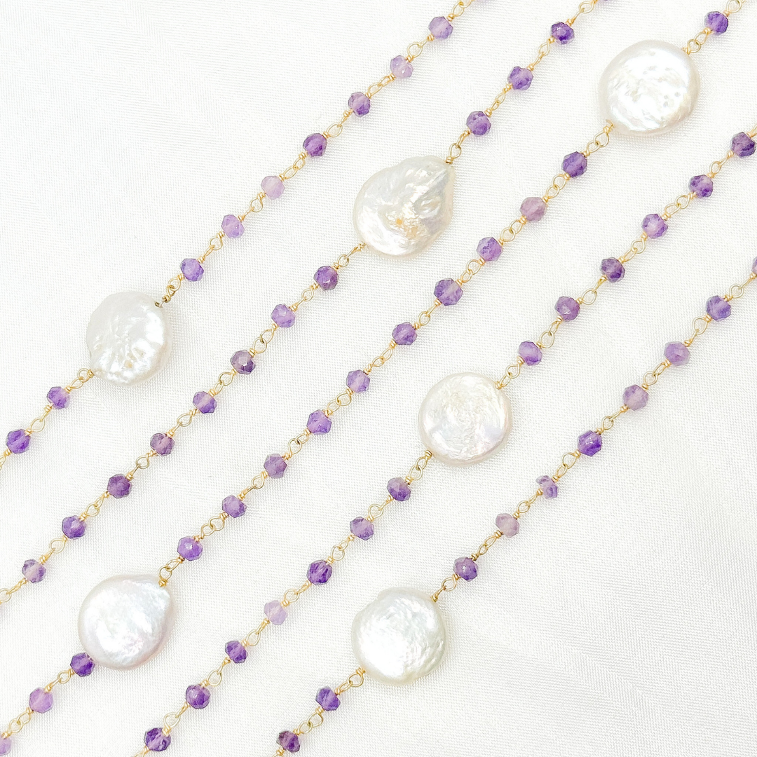 Amethyst & Pearl Round Shape Bezel Gold Plated Wire Chain. AME32