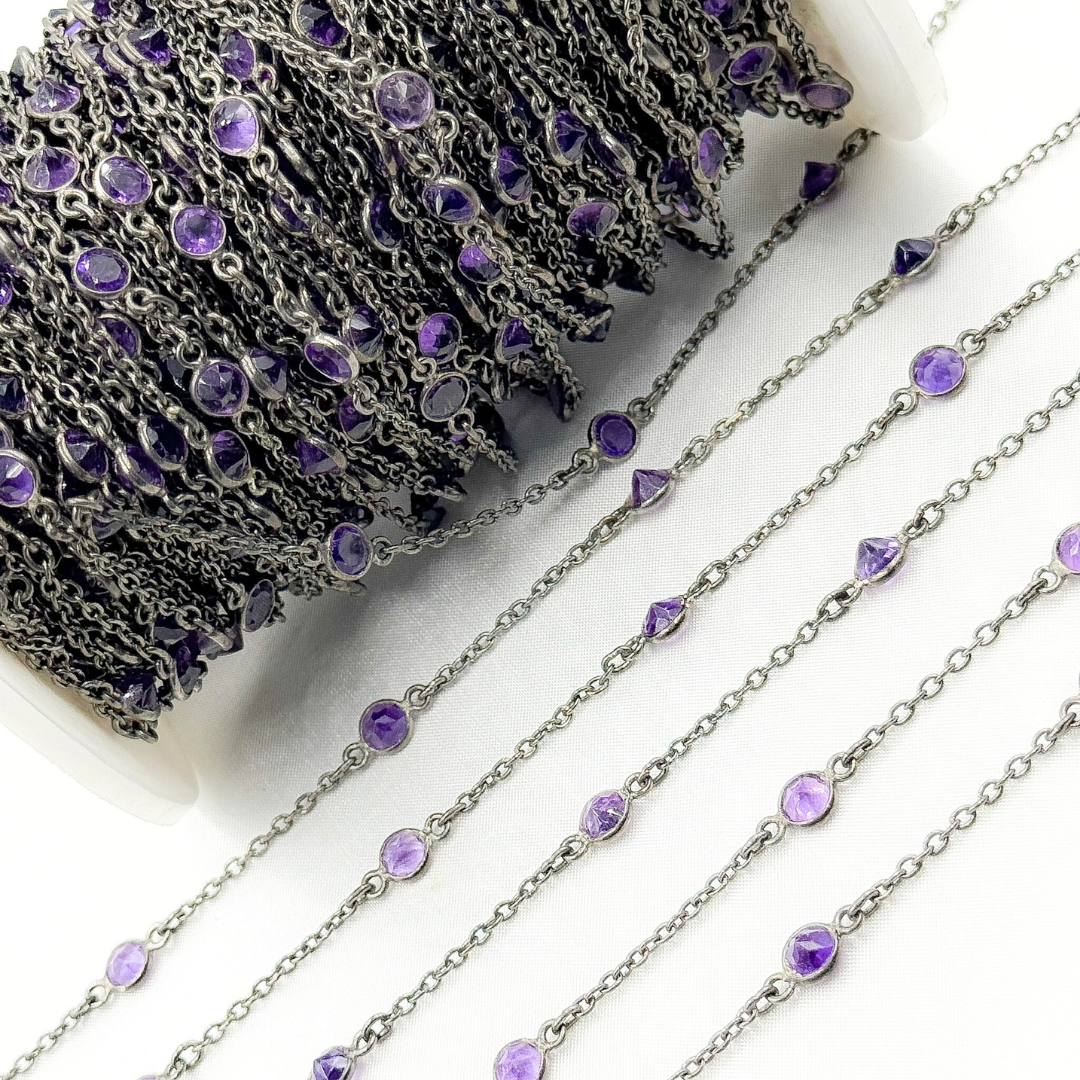 Amethyst Round Shape Bezel Oxidized Connected Wire Chain. AME6